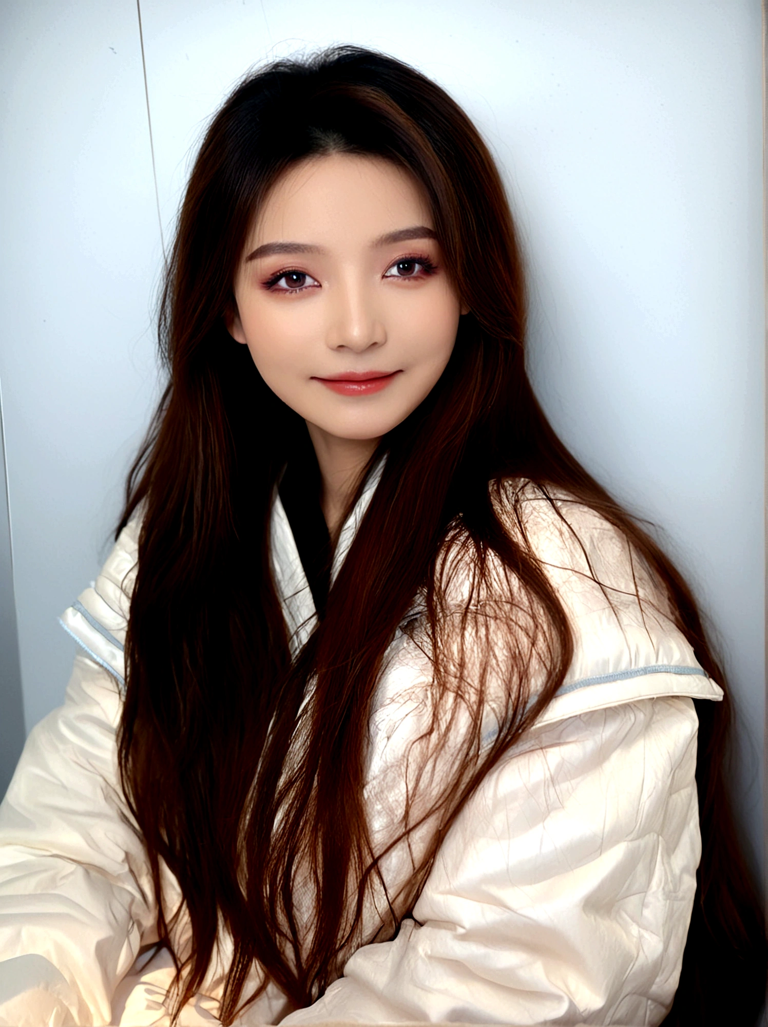 1girl, solo, long hair, looking at viewer, smile, brown hair, brown eyes, sitting, closed mouth, upper body, lips, realistic