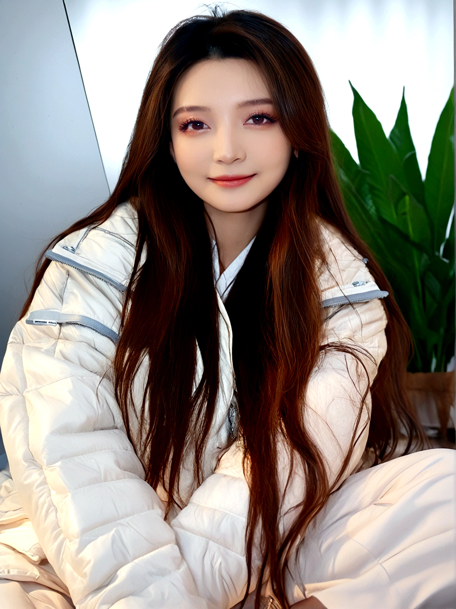 1girl, solo, long hair, looking at viewer, smile, brown hair, brown eyes, sitting, closed mouth, upper body, lips, realistic