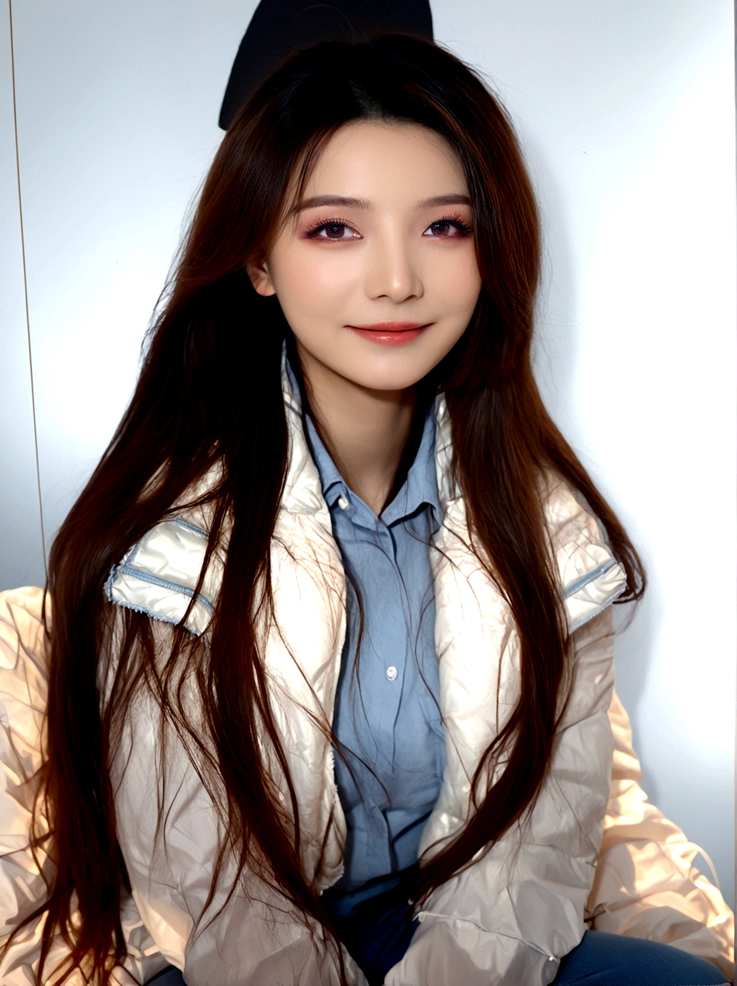 1girl, solo, long hair, looking at viewer, smile, brown hair, brown eyes, sitting, closed mouth, upper body, lips, realistic