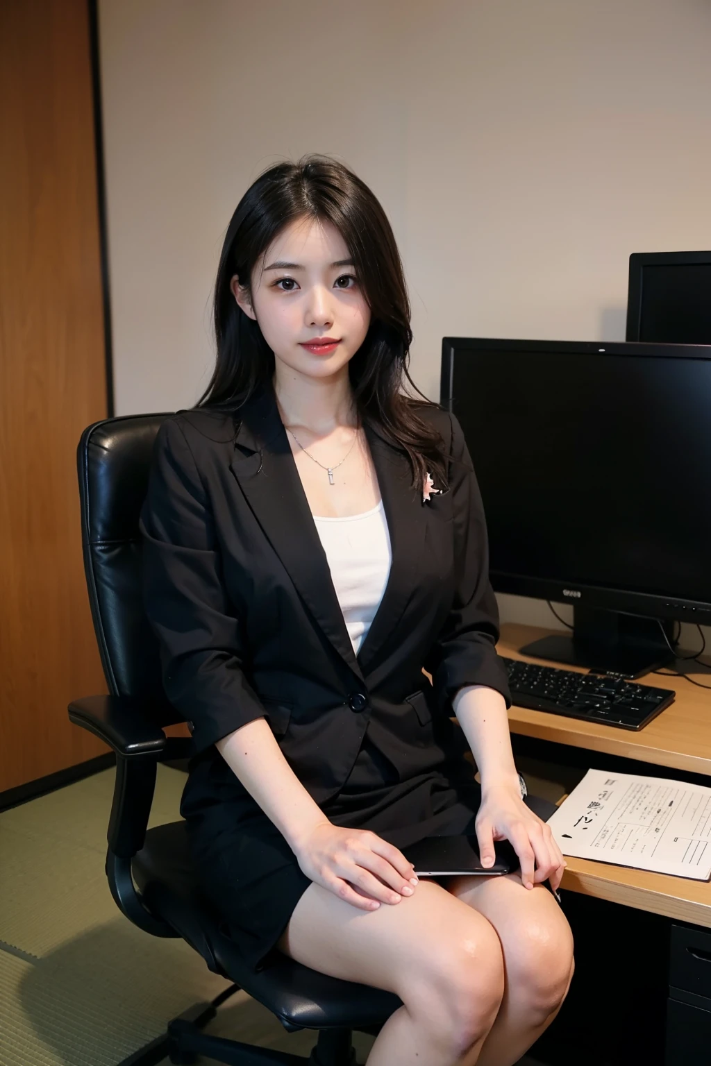 One girl sitting on an office chair,computers,(Japanese women:1.3),31 years old,Delicate,business women's clothing,(Jacket:1.1),(shirt:1.1),(Wrap skirt:1.1),jewelry,socks,stockings,Black Lens Stockings,It gives me goosebumps,Goose - meat,(Faithfulness:1.3),Filigree,quality,(masterpiece:1.2),(Faithfulness:1.2),(highest quality),(Skin details:1.3),(Intricate details),dramatic,Ray Tracing,photograph,In the Shadows,visual novel,Skyscraper boss's office,Windows with city views,Film Grain,Depth of written boundary