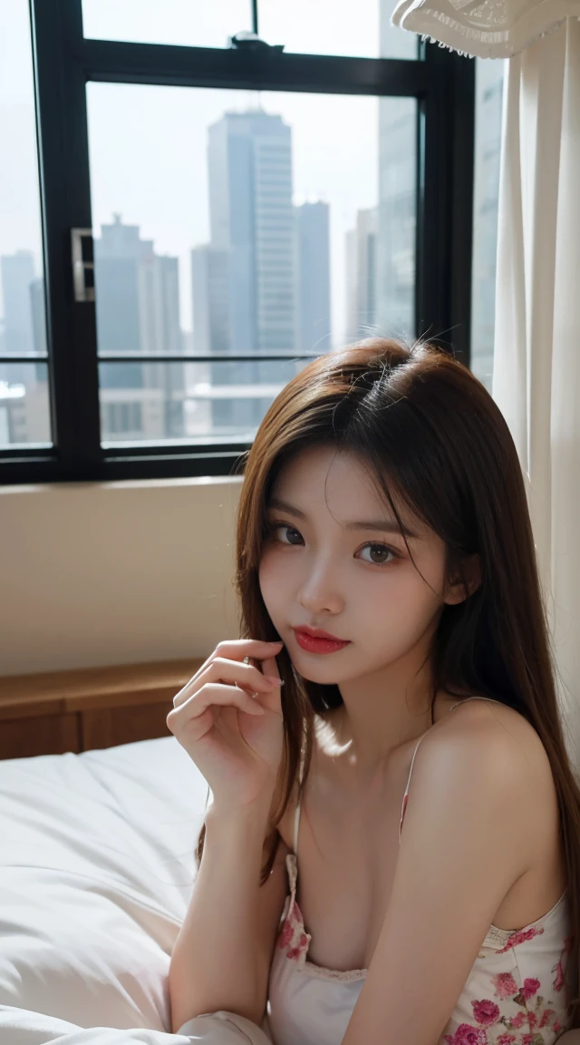 ((Best image quality)、Korean 20 years old, The penthouse of the world's tallest building, View through full glass,NFSW, high resolution, Natural and smooth implementation, head and body balance、perfect body beauty:1.4、slim、thin legs、((dark brown hair、very :1.2)), , very 상세한 얼굴 및 피부 질감、eye for detail、shy smile、with legs spread、naked underwear , lighting areola、top quality、reality、 exposed groin、cute 외모、angle from front、small ass、K-pop makeup、thin waist, White and clear skin, cute, Narrow pelvis, Slander type, Popular hairstyles for long hair, skinny body type, young body type, Small pelvis, small shoulder,