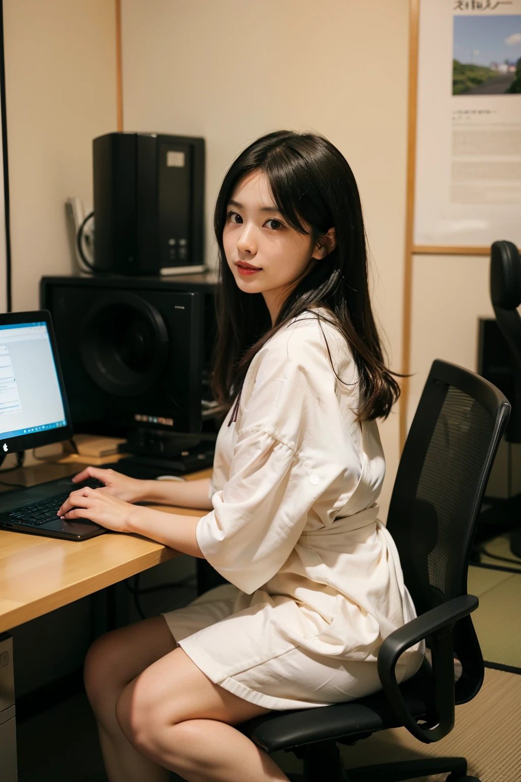 One girl sitting on an office chair,computers,(Japanese women:1.3),31 years old,Delicate,business women's clothing,(Jacket:1.1),(shirt:1.1),(Wrap skirt:1.1),jewelry,socks,stockings,Black Lens Stockings,It gives me goosebumps,Goose - meat,(Faithfulness:1.3),Filigree,quality,(masterpiece:1.2),(Faithfulness:1.2),(highest quality),(Skin details:1.3),(Intricate details),dramatic,Ray Tracing,photograph,In the Shadows,visual novel,Skyscraper boss's office,Windows with city views,Film Grain,Depth of written boundary