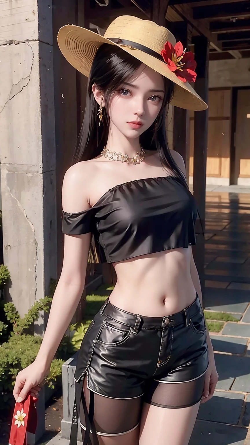 ((best quality, 8K, masterpiece: 1.3)), (Flower Hat: 1.3), Key Points: 1.2, Perfect body beauty: 1.4, Hips: 1.2, (Layered Hairstyle: 1.2)), (Dark Street: 1.3), Highly detailed face and skin textures, whole body, Beautiful eyes, Double eyelids, Skin Whitening, Black long hair, (Loose cropped top, shorts: 1.6) ，Pleated Skirt，，water leakage，Long legs,