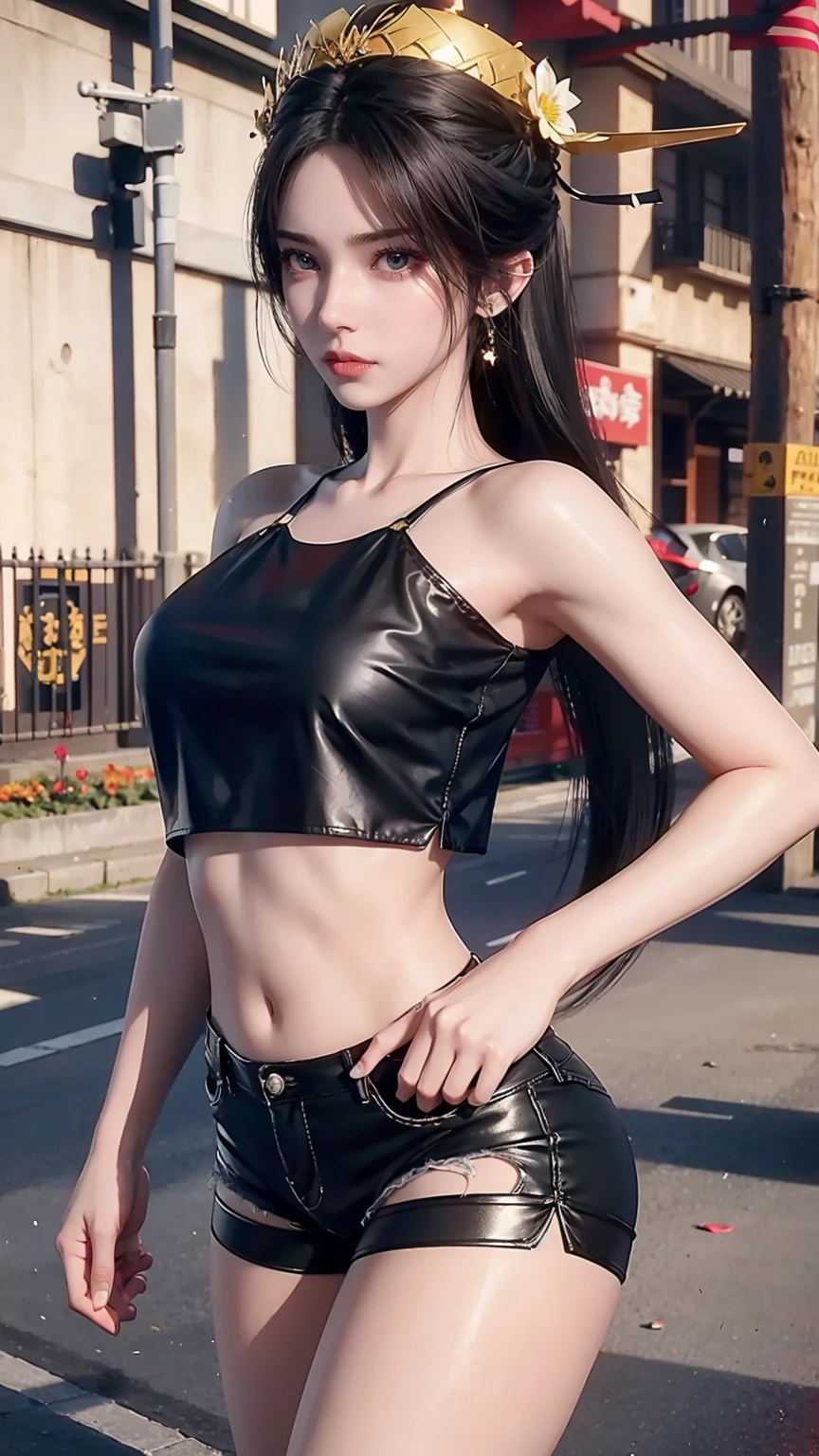 ((best quality, 8K, masterpiece: 1.3)), (Flower Hat: 1.3), Key Points: 1.2, Perfect body beauty: 1.4, Hips: 1.2, (Layered Hairstyle: 1.2)), (Dark Street: 1.3), Highly detailed face and skin textures, whole body, Beautiful eyes, Double eyelids, Skin Whitening, Black long hair, (Loose cropped top, shorts: 1.6) ,Pleated Skirt,,water leakage,Long legs,