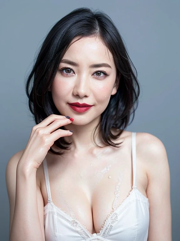 (Full nudity),Gray background、((Blue eyeshadow)、Red lipstick)、((Sexy Looks))、Thighs、Pointed nipples、Hair tousled by the wind)、(Angry expression)、Red nail polish、50 year old mature woman、Wet and see-through white panties、Colorful, A wet, see-through white bra、Large Breasts、pubic hair,smile、smile、