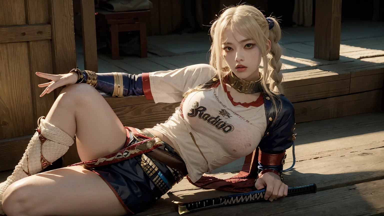 Ultra realistic 14 year old girl, cos , long blonde hair with braided bangs , medieval samurai armor , katanas, flat breasts , garterbelt long socks , menacing face , sensuous , Dungeonpunk .SEXY CORPO