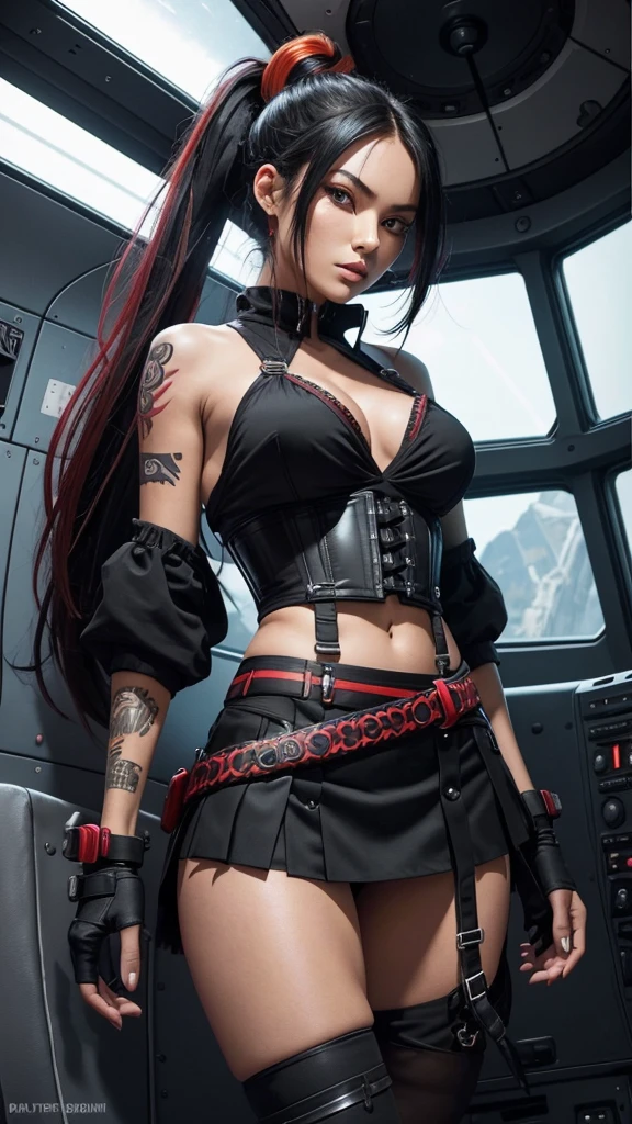 Pitite tan woman, long raven black hair with vibrant red highlights tied up into a ponytail, tribal tattoos, tight corset top and mini skirt, lazer pistols strapped to both thighs just below the hem of her mini skirt, on a space ship, standing in front of a circular bay window, dark start view from the window