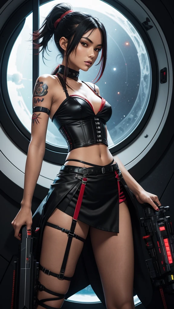 Pitite tan woman,  long raven black hair with vibrant red highlights tied up into a ponytail, tribal tattoos, tight corset top and mini skirt, lazer pistols strapped to both thighs just below the hem of her mini skirt, on a space ship, standing in front of a circular bay window, dark start view from the window 
