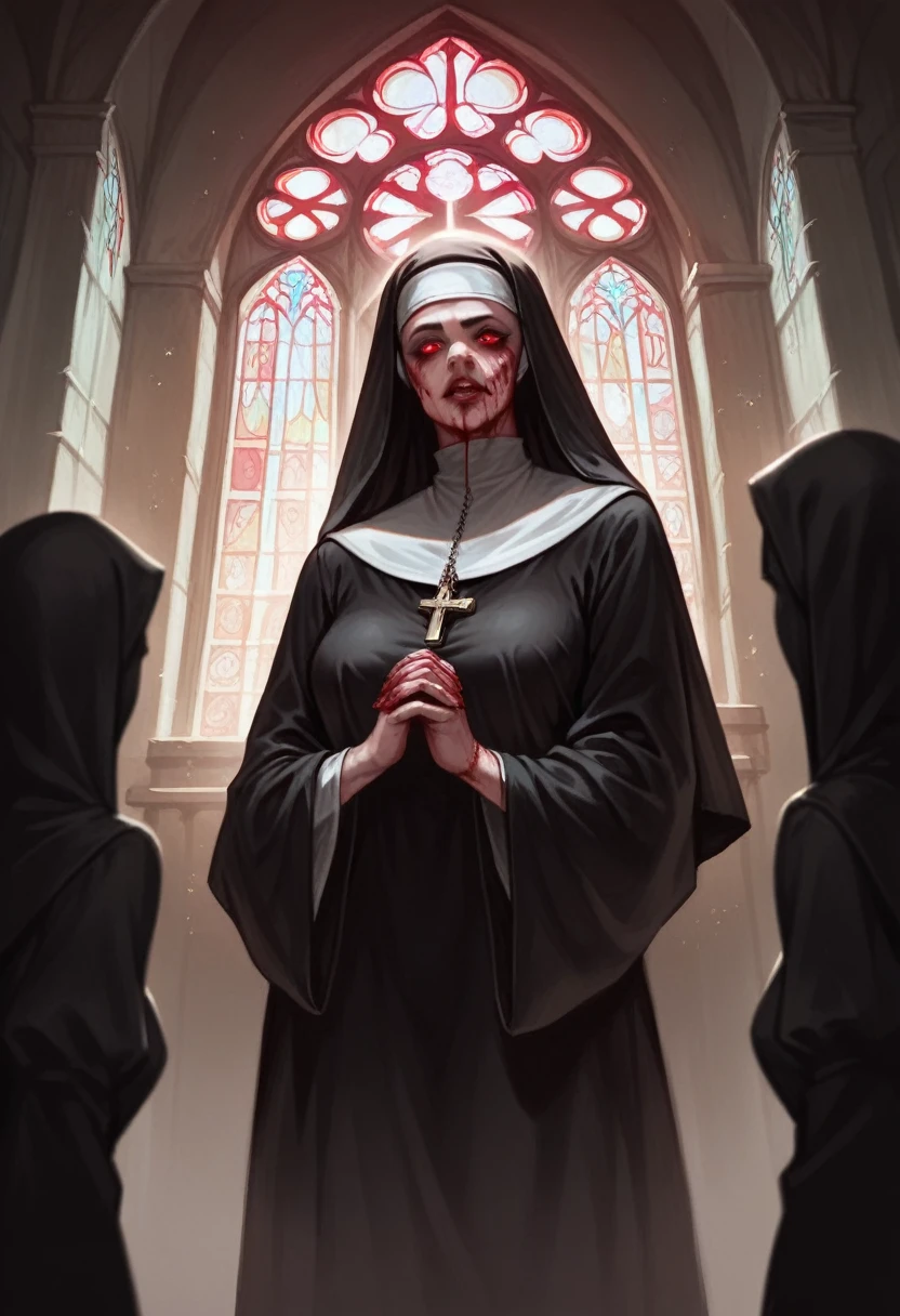 (high quality, Realistic, ultra detailed),blood nun,dark and gloomy atmosphere,old church with biblical windows,beautiful woman with piercing red eyes,1woman surrounded by ethereal spirits,eternal and deep darkness,penitent ghosts,group of humanoid spirits