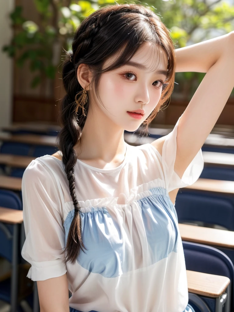 best quality,Reality, intricate detail face,1 Girl,Korean,Detailed fabric texture,School,classroom,18 years old,Upper Body,(Show your armpits,Braids,Single ponytail:1.5),Looking at the camera,