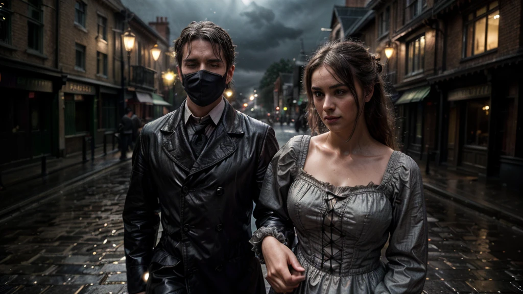 ((very sharp photo result, hyper realistic photo)) (((Best Quality))), (((masterpiece))), (((Ultra-detailed CG))),(((magical ))) scenery moment detail artistic photography, desaturated gloomy victorian era, (face & clothes details) a young couple male-female wearing victorian cloth, running in the soft rain happily, holding hand, romantic moment, located dramatically on london slum night market flea with dramatic lights, light pole, element detail with rustic background, dark, night scene, no-light, shade, shadow, storm night cinematic, detail environtment scenery, medium format beauty, shades, desaturate, ultra HD, taken with Fujifilm XF 56mm f/1.2 R Lens. HDR10 8K