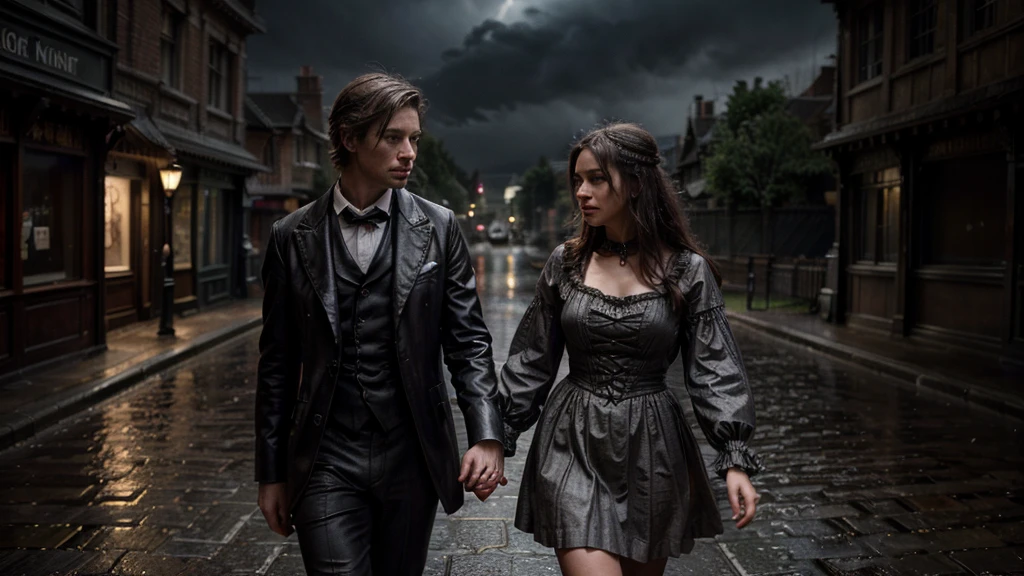 ((very sharp photo result, hyper realistic photo)) (((Best Quality))), (((masterpiece))), (((Ultra-detailed CG))),(((magical ))) scenery moment detail artistic photography, desaturated gloomy victorian era, (face & clothes details) a young couple male-female wearing victorian cloth, running in the soft rain happily, holding hand, romantic moment, located dramatically on london slum night market flea with dramatic lights, light pole, element detail with rustic background, dark, night scene, no-light, shade, shadow, storm night cinematic, detail environtment scenery, medium format beauty, shades, desaturate, ultra HD, taken with Fujifilm XF 56mm f/1.2 R Lens. HDR10 8K