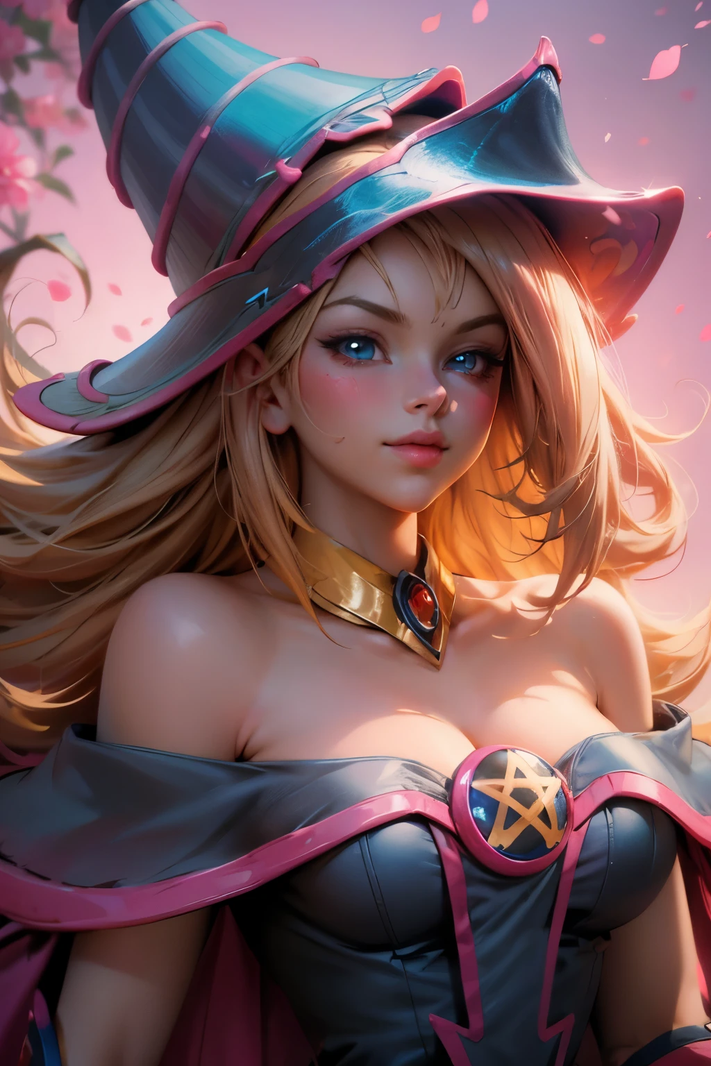 Beautiful face of dark magician gils, blue eyes. pink lips. Long blonde hair. exposed shoulders, angelic smile, beautiful well detailed face of dark magician gils. blowing a kiss. sexy kiss 
