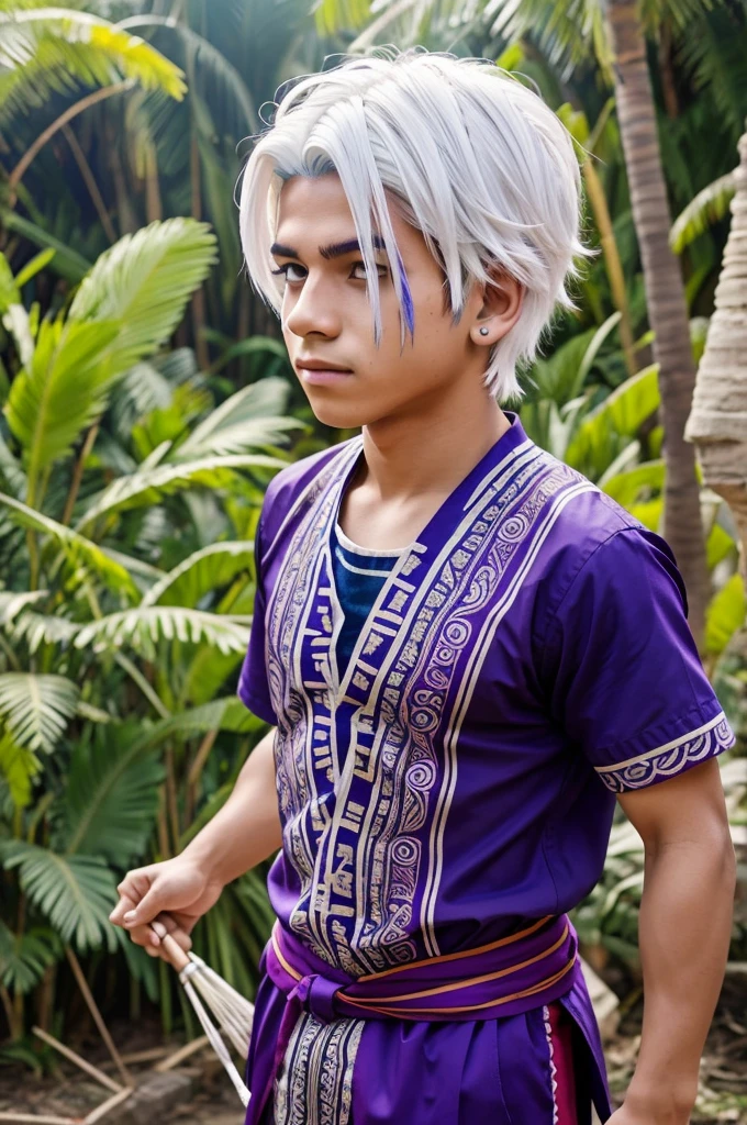 Generates a screenshot of a boy in mha style with clothes and paint with ancient Mayan clothing to dance a festival with white hair and purple eyes