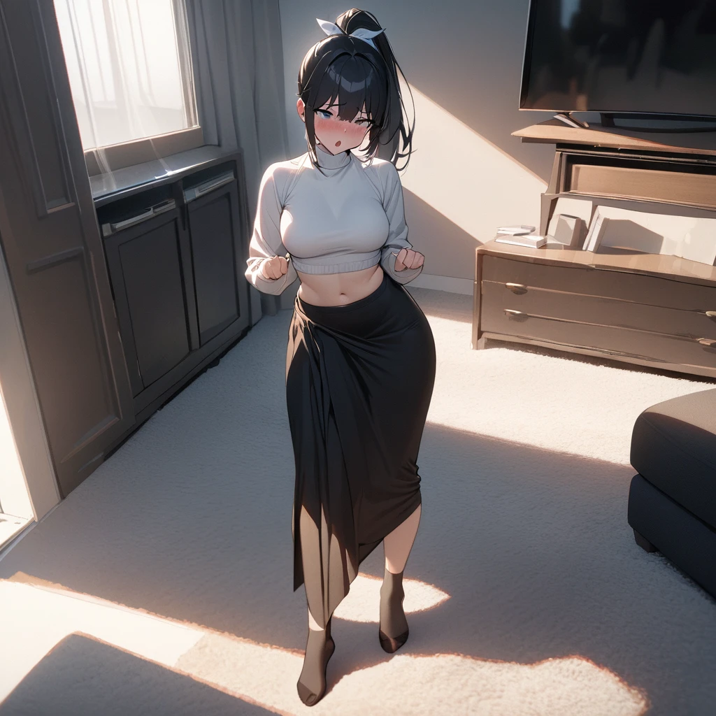 (masterpiece),(best quality),(ultra detailed), 
highly detailed, intricate details, High quality shadow, Cinematic Light, MILF, 
sole girl, full body, standing, black ponytail, hair ribbon, black and white crop-top, turtleneck,
Sigh, chestnut mouth,
In a living room, shy, embarrassed, lifting up skirt herself,
 bg_imgs,