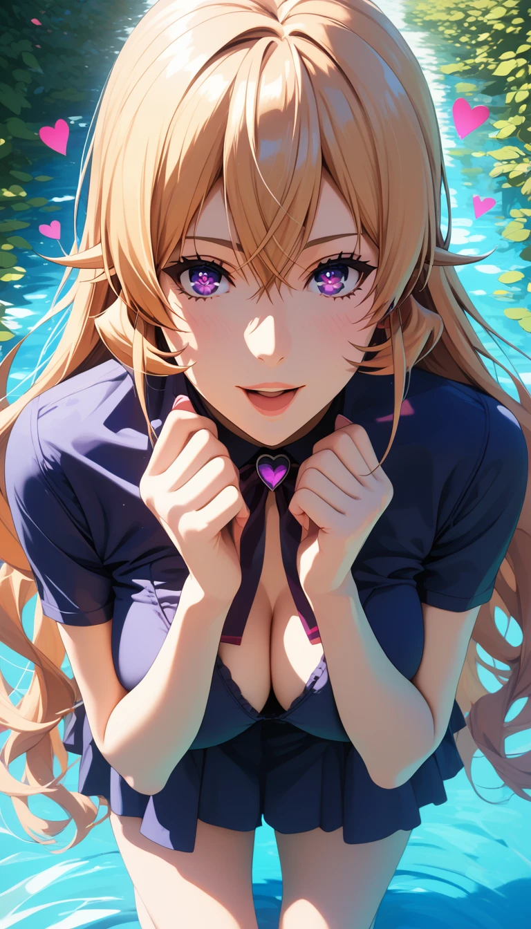 score_9, score_8_up, score_7_up, score_6_up, erina nakiri, long hair, blonde hair, purple eyes, BREAK (masterpiece:1.2), best quality, high resolution, (beautiful detailed eyes:1.3), perfect lighting, (perfect hands, perfect anatomy), hearts, pleasured, large breast, kampala blend outfit, commercial ad, magic-realism, full body, reflection water