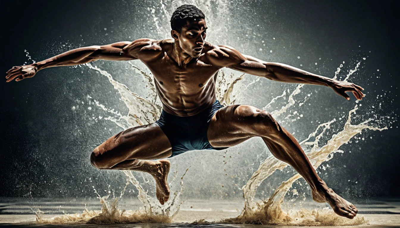 photoillustration of under exposure, an ancient Olympic athletes high-jump((high-jumping 1.8)), seamless, texture and pattern, water splash, iconic high-jumping stance, scattered dust, dramatic shadows, dramatic lights, interlacing elements, side view, fantasy art, two tones, digital manipulated photo art, hyper-realistic, ultra-detailed, crisp clarity, high-contrast, luminous ambiance, rich textures, intricate patterns, vivid colors, cinematic lighting, photo realistic, accurate anatomical proportions, light background, water splash