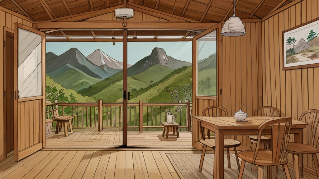 Cartoon style, interior view of a simple Vietnamese wooden small hut, the background is a wide view of forest and mountains.