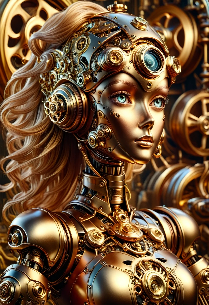 A steam punk style copper robot with a human like bronze face. female figure. Wearing wig of spun gold. Ultra HD, Rococo-Inspired Fantasy Art With Intricate Details. (8K High Resolution) (top-quality)