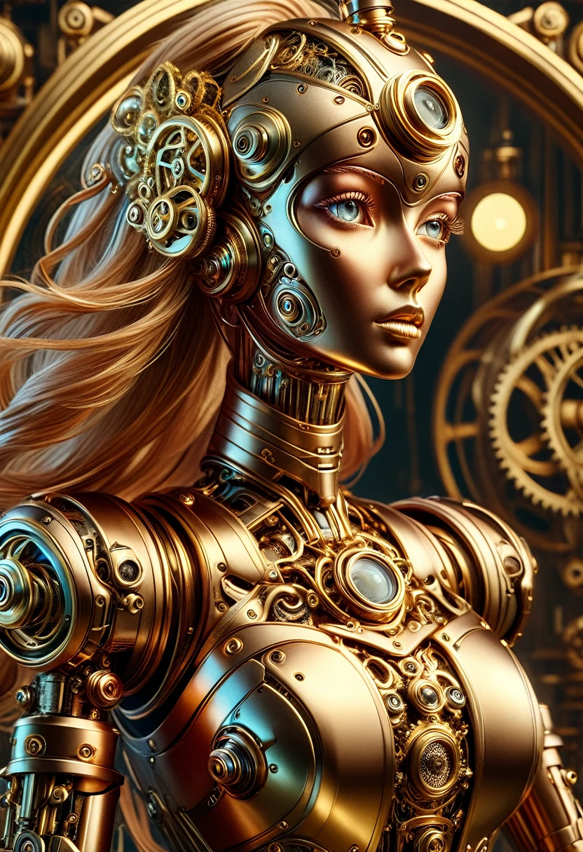 A steam punk style copper robot with a human like bronze face. female figure. Wearing wig of spun gold. Ultra HD, Rococo-Inspired Fantasy Art With Intricate Details. (8K High Resolution) (top-quality)
