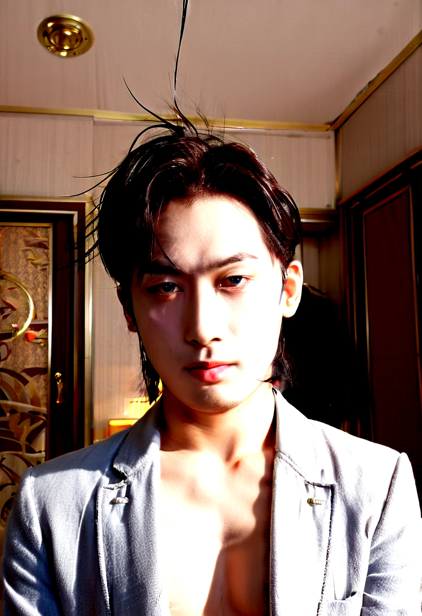 premier quality, tmasterpiece, 超High Resolution, (Hentail realism: 1.4), photo originale, The wallpaper, headshot photo, la peau, sinple background, yeux noirs, specifics, Auto-tir, 1 homme 26 ans, un beau, Light wind, rayons de soleil, domicile、une chambre、Homme incroyablement beau、mignon、Partie centrale、Chez Johnny、Un visage comme Ryo Yoshizawa 、refreshing、Eyebrows are not too thick、Christianisme orthodoxe、visage froid、musculature, Kpop , korean, museum, hotel, voiture , American