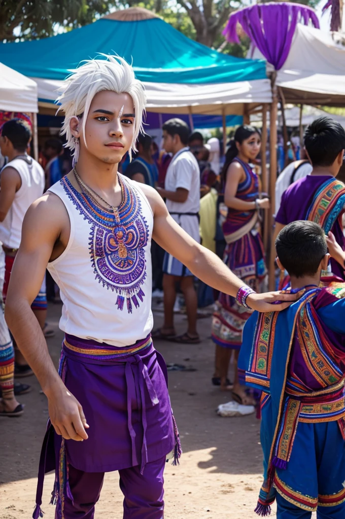 Generates a screenshot of a boy in mha style with clothes and paint with ancient Mayan clothing to dance a festival with white hair and purple eyes