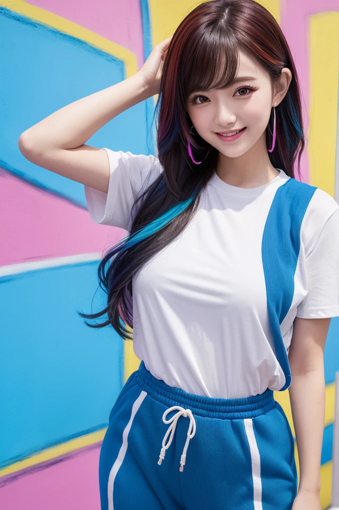 (tmasterpiece), (best qualityer), (ultra - detailed), (full bodyesbian: 1.2) Cute cute girl,real-time,Sky blue T-shirt, Knitted jumpsuit, Pants, jaket, blouse, Hefty Smile, full bodyesbian, :3, multicolored hair, Pastel tonal background , Extremely colorful,، simple.
