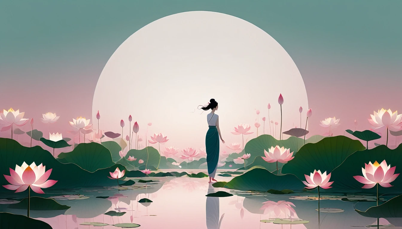 vector，Flat form，illustration，The Minimalists，数字艺术illustration，Pink hue，Abstract，artistic conception，Blooming，Lotus Pond，A lot of white space in the center of the screen；Huge lotus flowers。There is a dancing silhouette in the background；