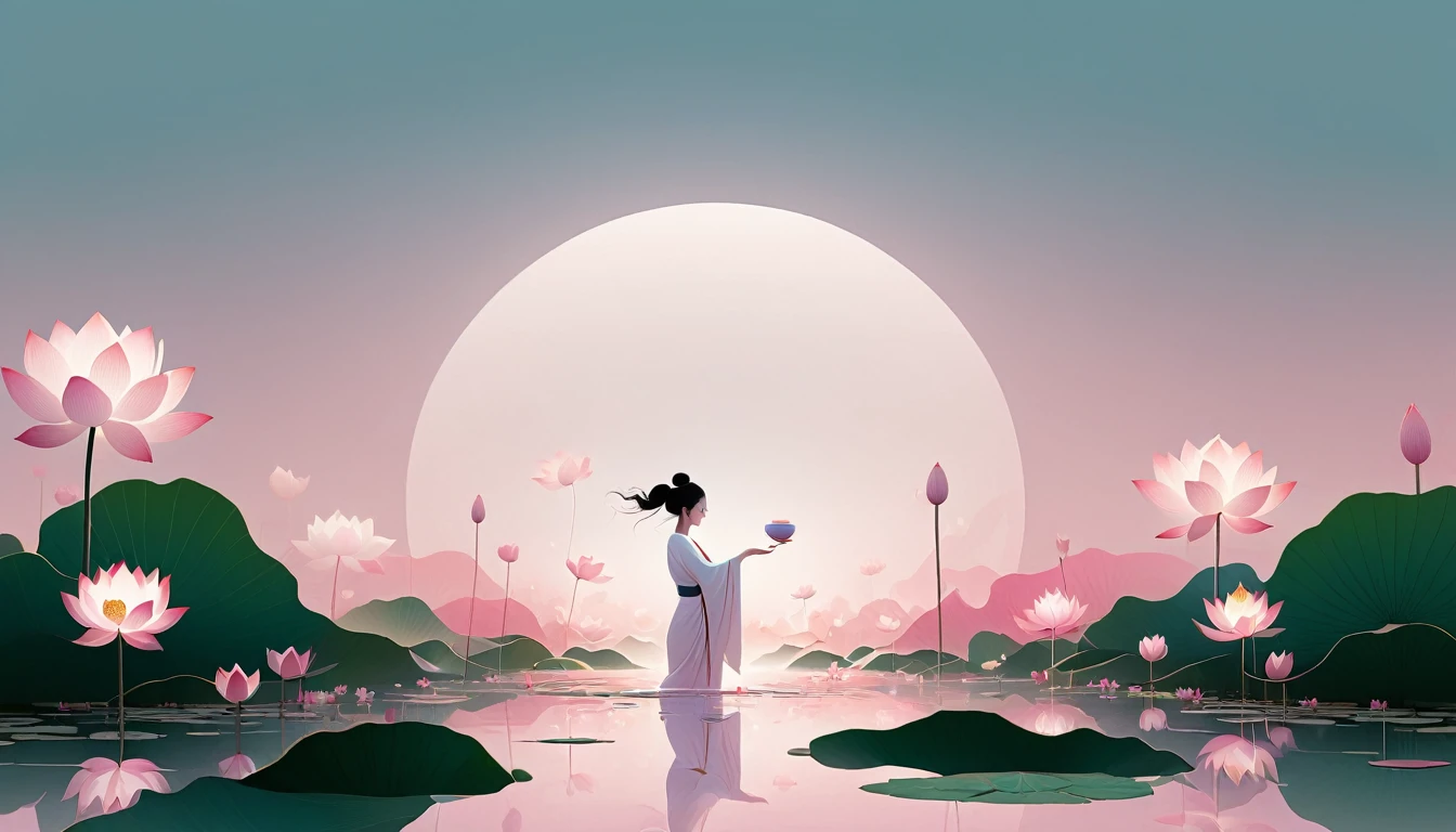 vector,Flat form,illustration,The Minimalists,数字艺术illustration,Pink hue,Abstract,artistic conception,Blooming,Lotus Pond,A lot of white space in the center of the screen;Huge lotus flowers。There is a dancing silhouette in the background;