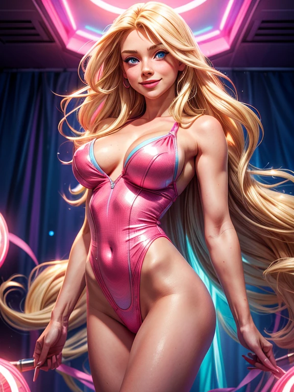 a woman with long blonde hair, blue eyes, in a sexy pink and blue outfit, smiling, happy, cheerful, high definition, Ultra Quality hair, Ultra Quality face, Ultra Quality image, cinematic lights,,,, sensual and sexy pose ( medium and exposed breasts).
