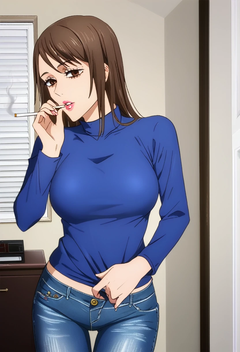 score_9_up, score_8_up, score_7_up, 1girl, solo, mature female, Shoko, long brown hair, brown eyes, mole under right eye, pink lips, parted lips, fit slim body, perfect medium erected breast, (((blue long sleeve, blue tight jeans))), (((higly detailed modern luxury bedroom))), looking at the viewer, perfect model body, smoking a cigarette, seductive pose, cigarette in her mouth 