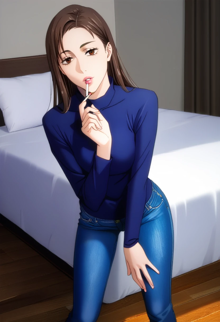 score_9_up, score_8_up, score_7_up, 1girl, solo, mature female, Shoko, long brown hair, brown eyes, mole under right eye, pink lips, parted lips, fit slim body, perfect medium erected breast, (((blue long sleeve, blue tight jeans))), (((higly detailed modern luxury bedroom))), looking at the viewer, perfect model body, smoking a cigarette, seductive pose, cigarette in her mouth 