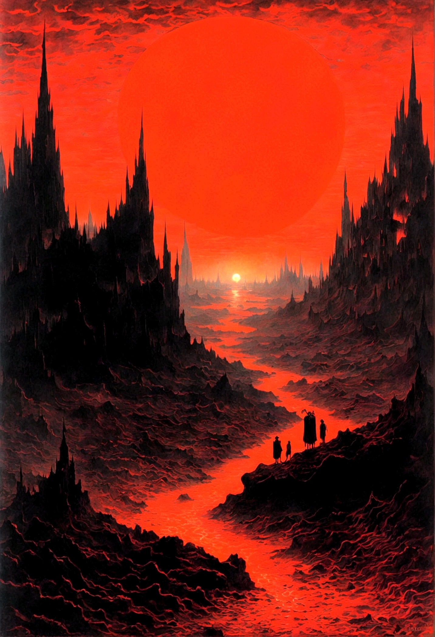 Mythical creatures, author:Zdzislaw Beksiński and Vincent Van Gogh, Album cover, romantic, Surrealism, Futuristic ,Satan, Coral, Wizard, Abstracted, dark, Red/Black, hell, landscape
