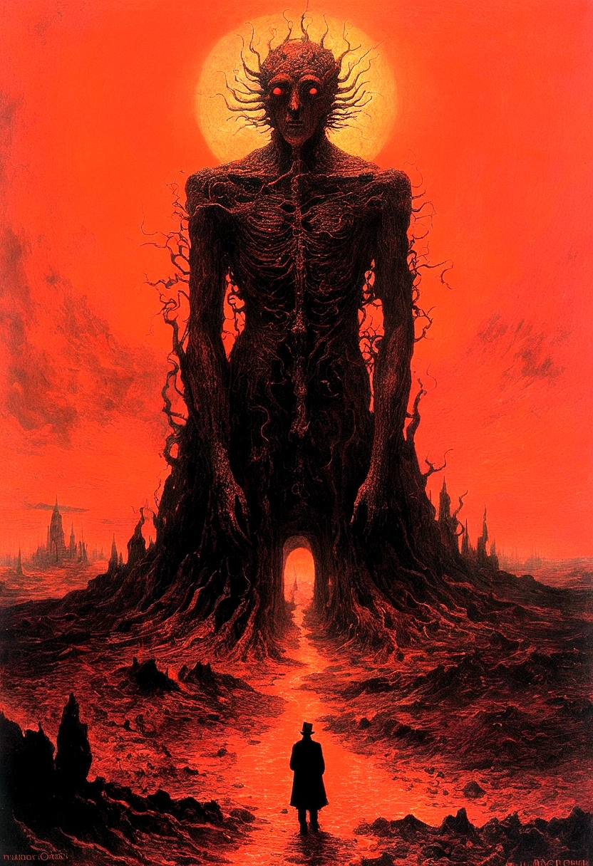 Mythical creatures, author:Zdzislaw Beksiński and Vincent Van Gogh, Album cover, romantic, Surrealism, Futuristic ,Satan, Coral, Wizard, Abstracted, dark, Red/Black, hell, landscape
