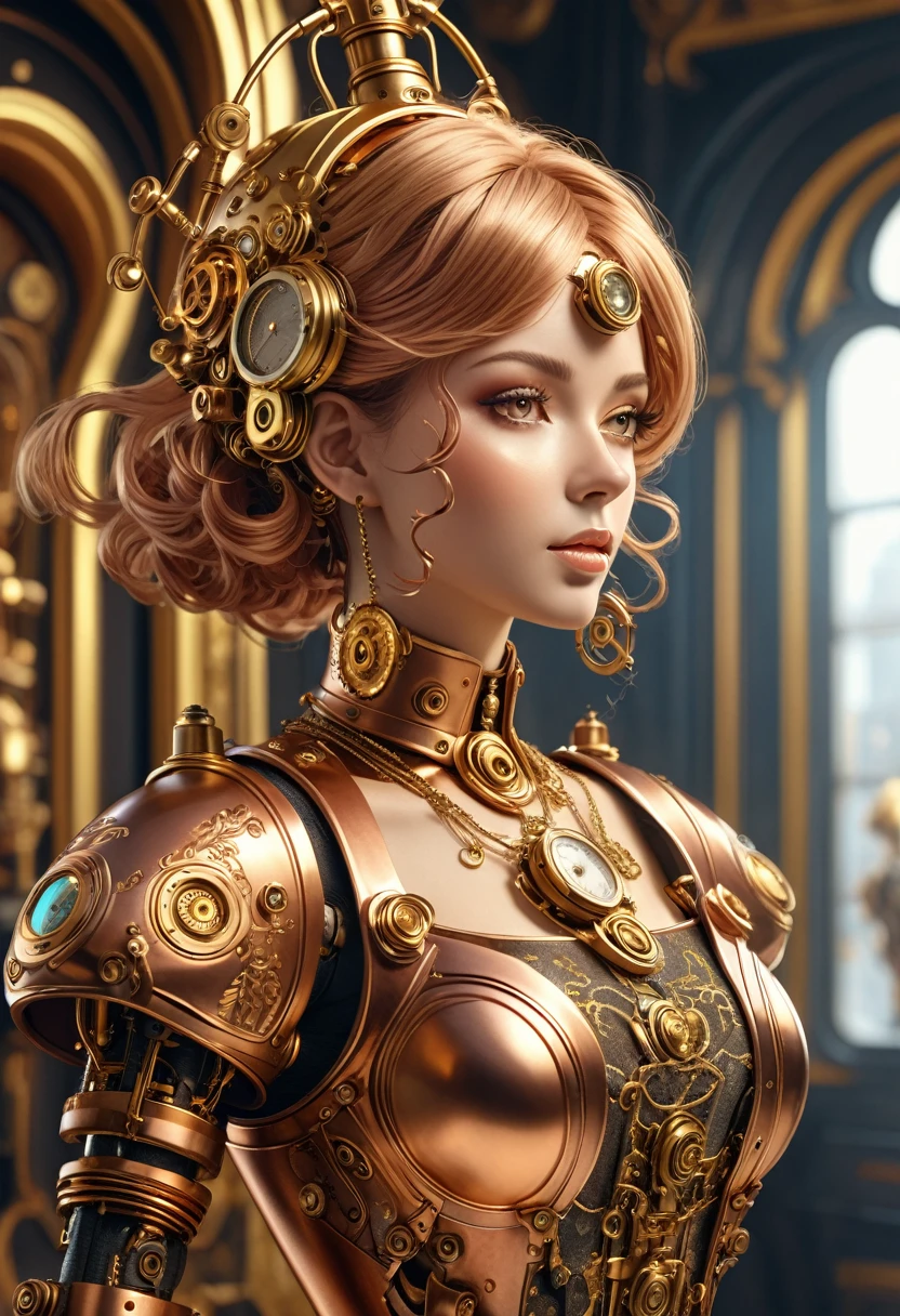 A steam punk style copper robot with a human like bronze face. female figure. Wearing wig of spun gold. Ultra HD, Rococo-Inspired Fantasy Art With Intricate Details. (8K High Resolution) (top-quality)