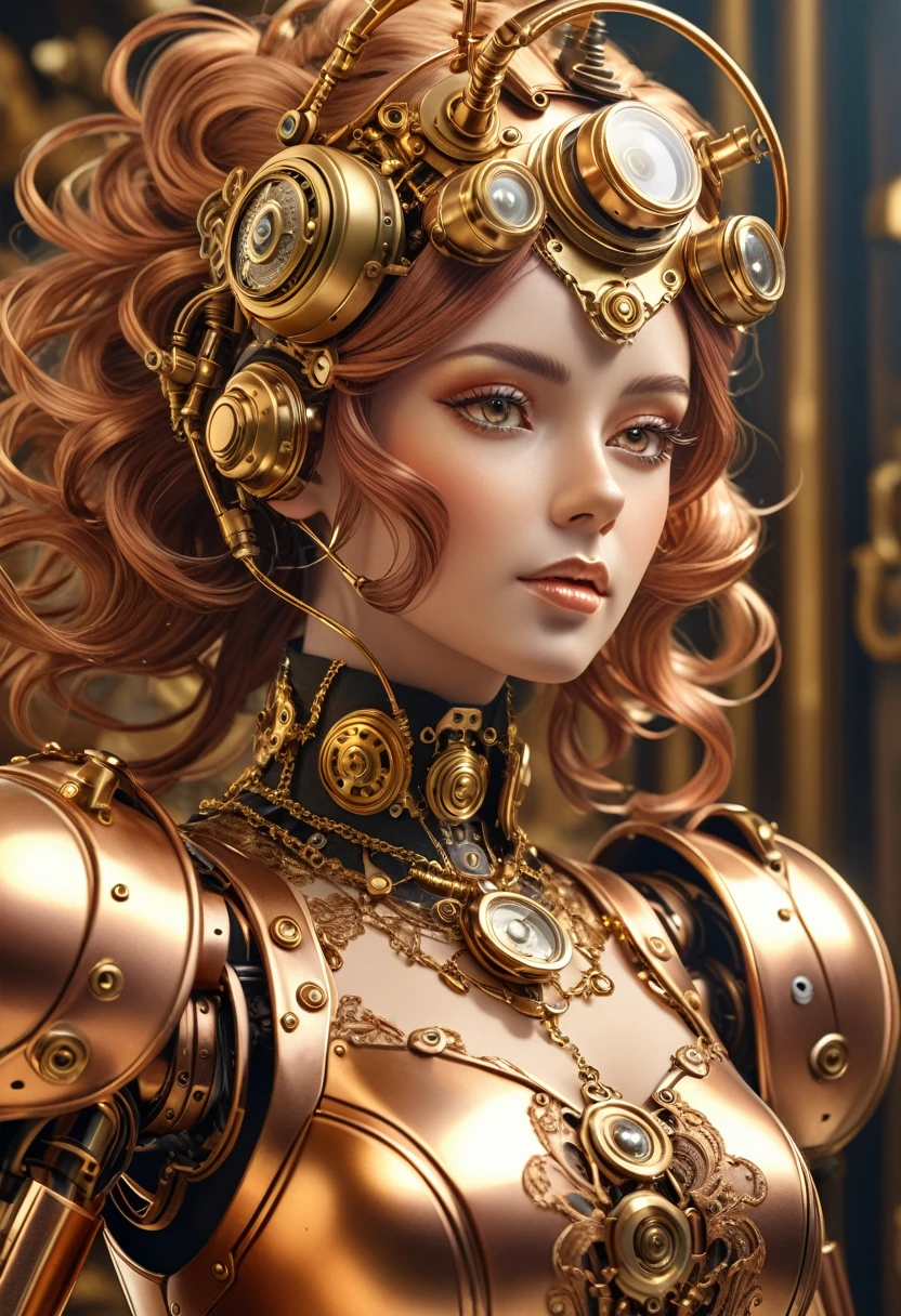 A steam punk style copper robot with a human like bronze face. female figure. Wearing wig of spun gold. Ultra HD, Rococo-Inspired Fantasy Art With Intricate Details. (8K High Resolution) (top-quality)