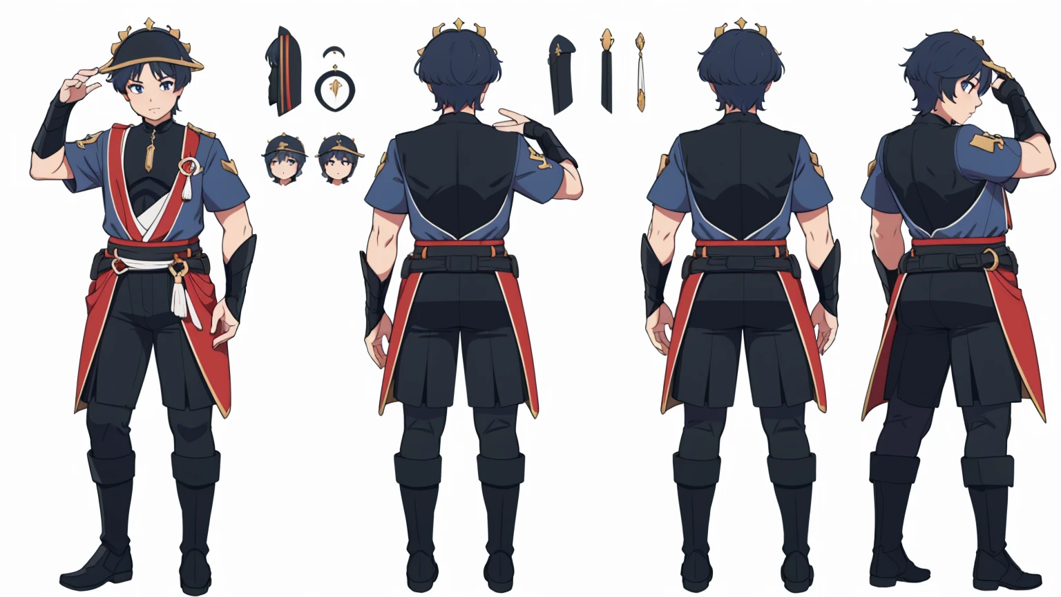 (Wanderer:1.0)Thin, fit, 1boy, solo, male focus, looking at viewer, upper body, hair, realistic, hat, default clothing, wanderer clothing, (character design sheet, same character full body, front, side, back), Illustration, environment change, pose (simple background, white background: 1.3)