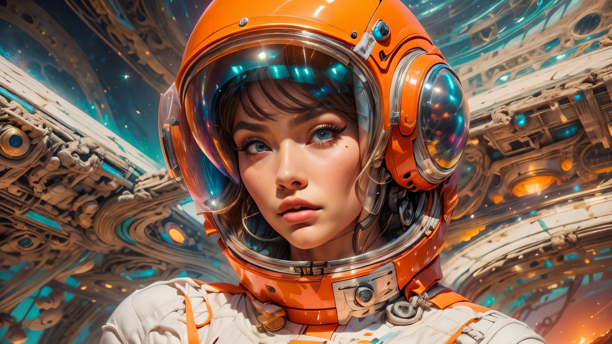 arafed image of a white woman in a futuristic suit with a spaceship in the background, movie art, in front of an orange background, inspired by Robert McGinnis, female protagonist, megastructure in the background, portrait of an ai astronaut, astronauts, an astronaut, portrait of a astronaut skeletor, perfect android girl, Highly Detailed Face and Skin Texture, Detailed Eyes, Double eyelids, perfectly detailed teeth, frank franzzeta and sakimichan  