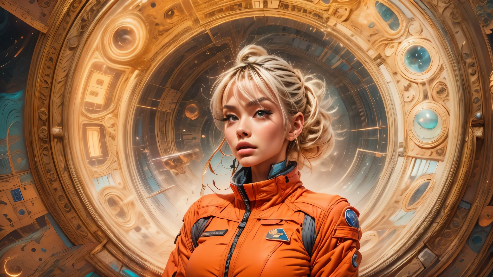 arafed image of a white woman in a futuristic suit with a spaceship in the background, movie art, in front of an orange background, inspired by Robert McGinnis, female protagonist, megastructure in the background, portrait of an ai astronaut, astronauts, an astronaut, portrait of a astronaut skeletor, perfect android girl, Highly Detailed Face and Skin Texture, Detailed Eyes, Double eyelids, perfectly detailed teeth, frank franzzeta and sakimichan  