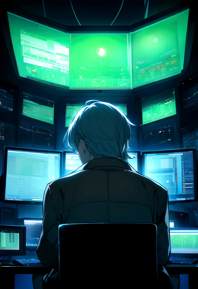 "An angel day trader sitting in front of several computers trading in the financial market on the mt5 platform, high quality image. Add the text to the image "Eder Santo Professional trader investments the terror in the financial market"