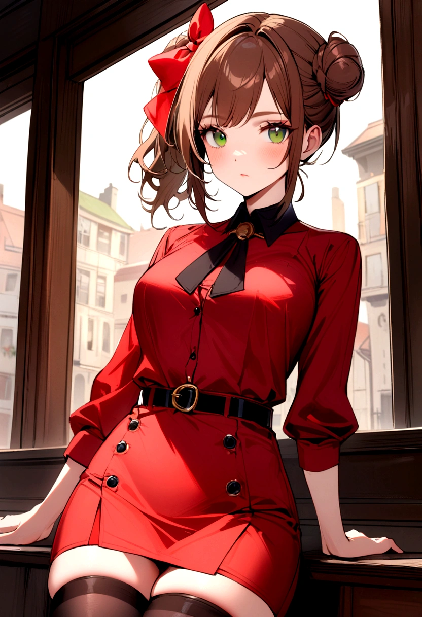 Girl, brown hair, green eyes, small side bun near top of head, skirt, thigh highs, refined eloquent modern day business, red shirt, belt, red ribbon