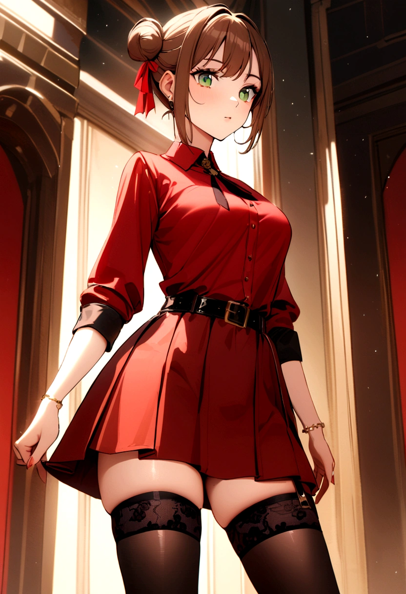 beautiful girl, short red hair, maid uniform, embarassed, looking down, upskirt, hallway background, small boobs, beautiful face, red eyes