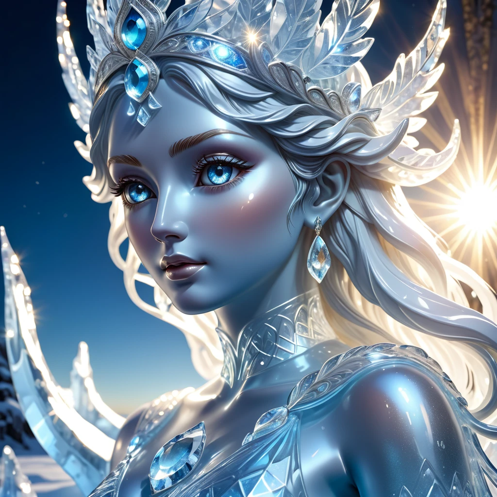 Statue of a goddess made of ice,A very beautiful ice statue of a goddess, Transparent ice,illuminated by sunlight and reflected divinely,(((masterpiece))), (((best quality))), ((ultra-detailed)), (illustration), (detailed light),((an extremely delicate and beautiful)),(beautiful detailed eyes),Statue of a goddess made of ice
