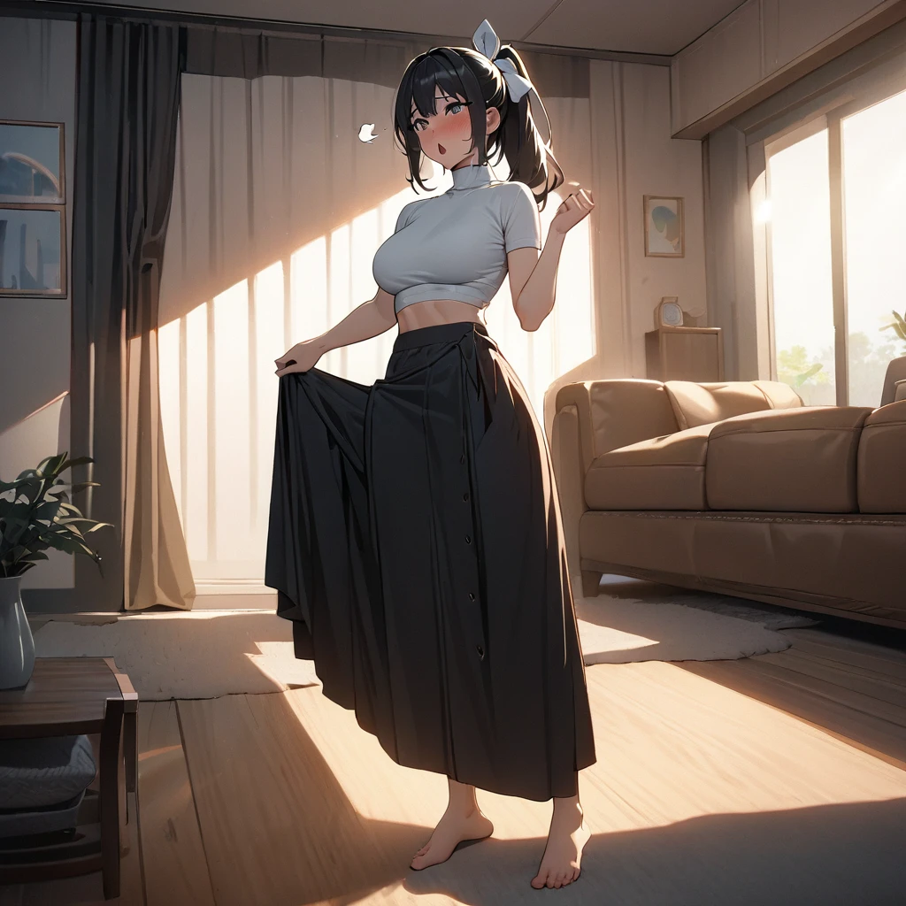 (masterpiece),(best quality),(ultra detailed), 
highly detailed, intricate details, High quality shadow, Cinematic Light, MILF, 
sole girl, full body, standing, black ponytail, hair ribbon, black and white crop-top, turtleneck,
Sigh, chestnut mouth,
In a living room, shy, embarrassed, lifting up skirt herself,
 bg_imgs,