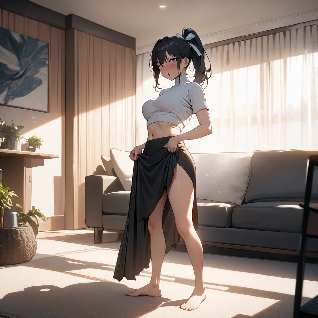 (masterpiece),(best quality),(ultra detailed), 
highly detailed, intricate details, High quality shadow, Cinematic Light, MILF, 
sole girl, full body, standing, black ponytail, hair ribbon, black and white crop-top, turtleneck,
Sigh, chestnut mouth,
In a living room, shy, embarrassed, lifting up skirt herself,
 bg_imgs,