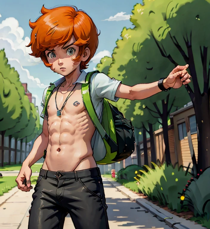masterpiece, best quality, highres, 1boy, solo, trevor \(pokemon\), black pants, shirtless, green backpack, standing, cowboy shot, outdoors, full boddy, belly botton,