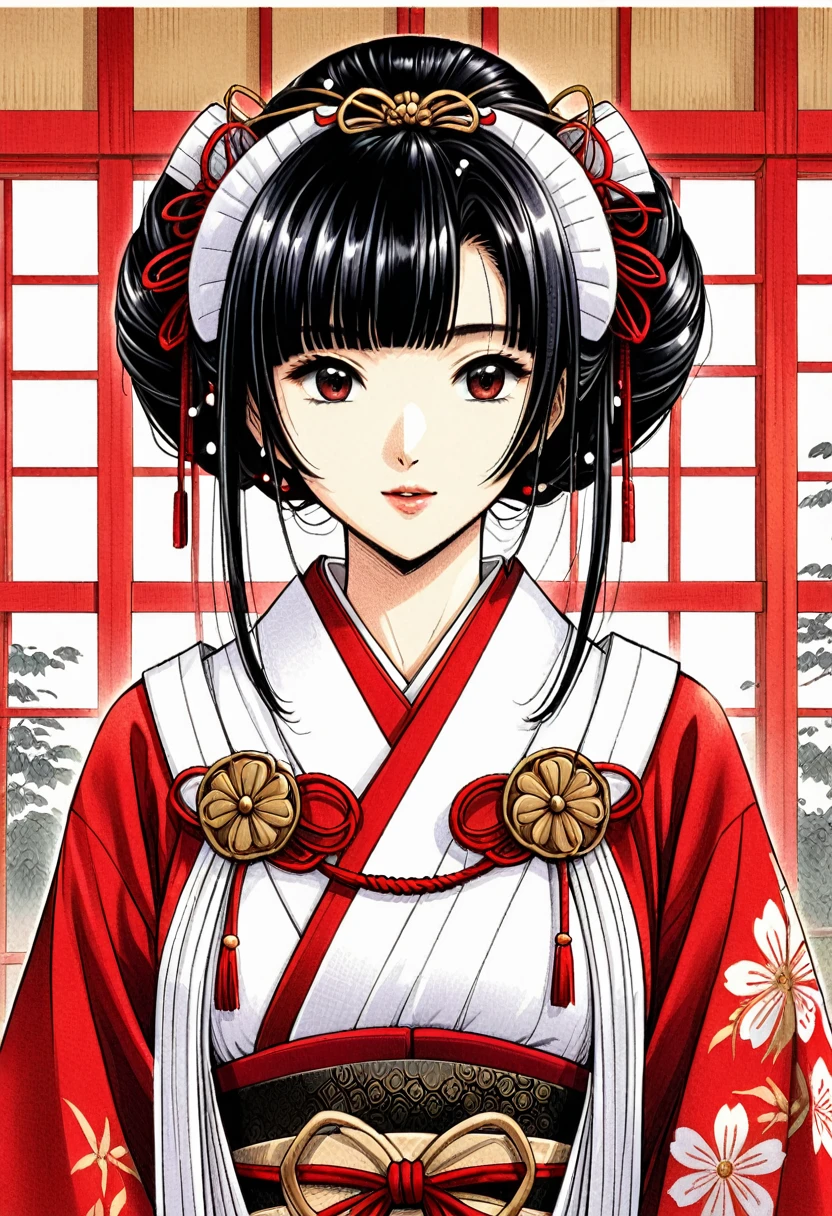 A beautiful Japanese princess from the Sengoku period wearing an embroidered red robe over a white Japanese shrine maiden outfit　Traditional geisha hairstyle for black hair