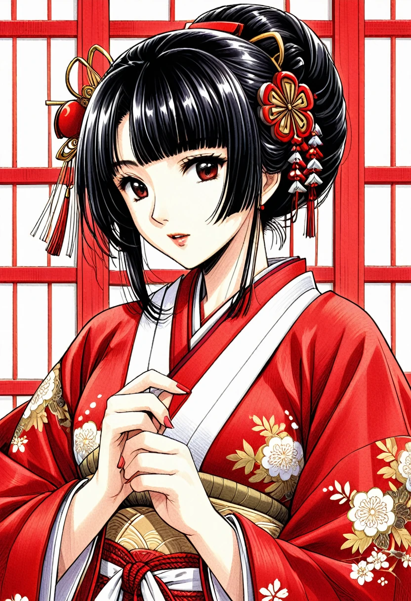 A beautiful Japanese princess from the Sengoku period wearing an embroidered red robe over a white Japanese shrine maiden outfit　Traditional geisha hairstyle for black hair