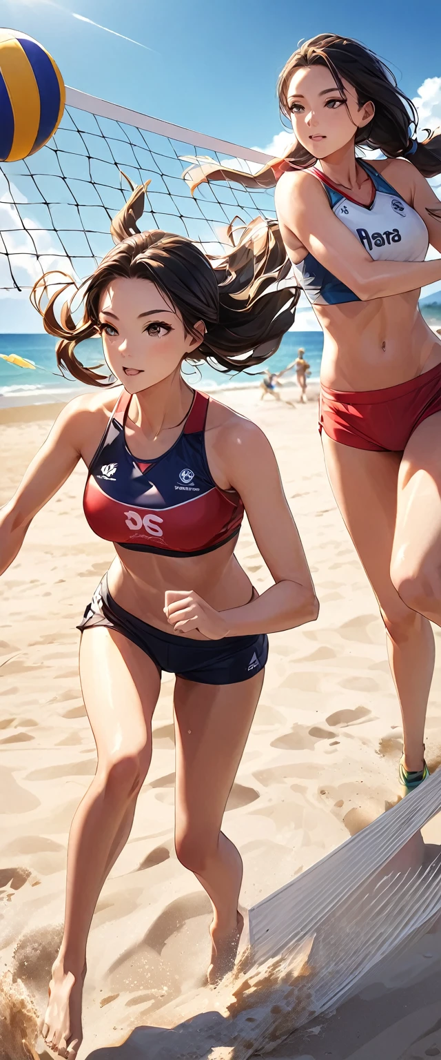 two women playing 排球 on the beach with a net in the air,Beach Volleyball, Female beach volleyball player, sports fashion photography,sports photography,race on the beach.Beautiful and extremely fine texture,detailed, bright, Animation style high definition and high quality presentation,