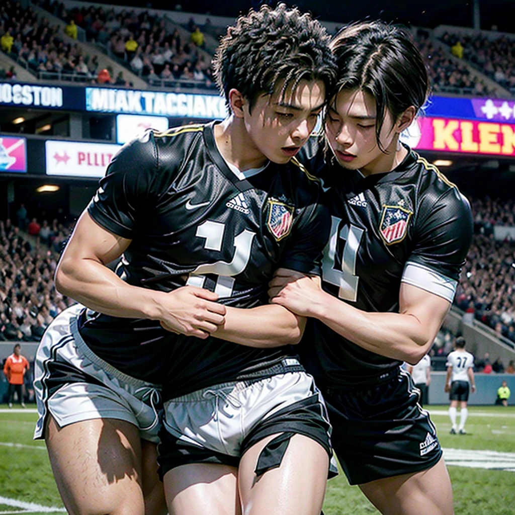 Create an image of two best friends hugging each other in a football game, the details must only be related to football, they must not have anything to do with American football, they must not be Japanese, they must not have any oriental physical characteristics or be black. They are two beautiful boys who are wearing short, not baggy shorts